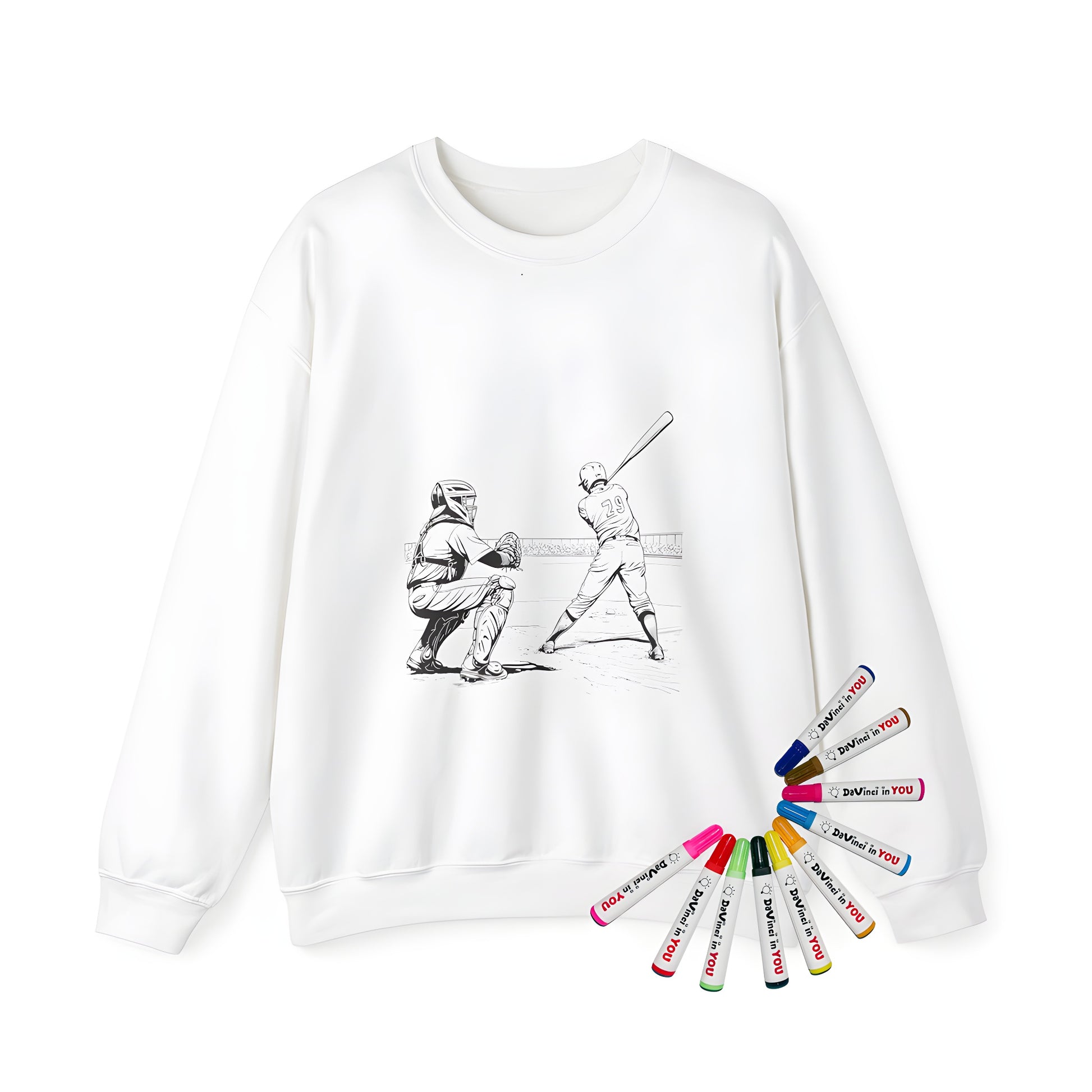 Adult sweatshirt featuring a unique coloring page design of a baseball catcher crouched behind home plate and a batter preparing to swing