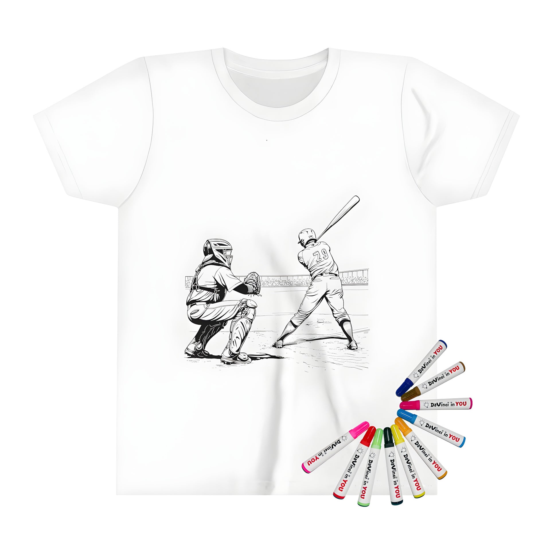 Baseball-themed kid's t-shirt with a unique pitcher vs batter design for kids who love sports