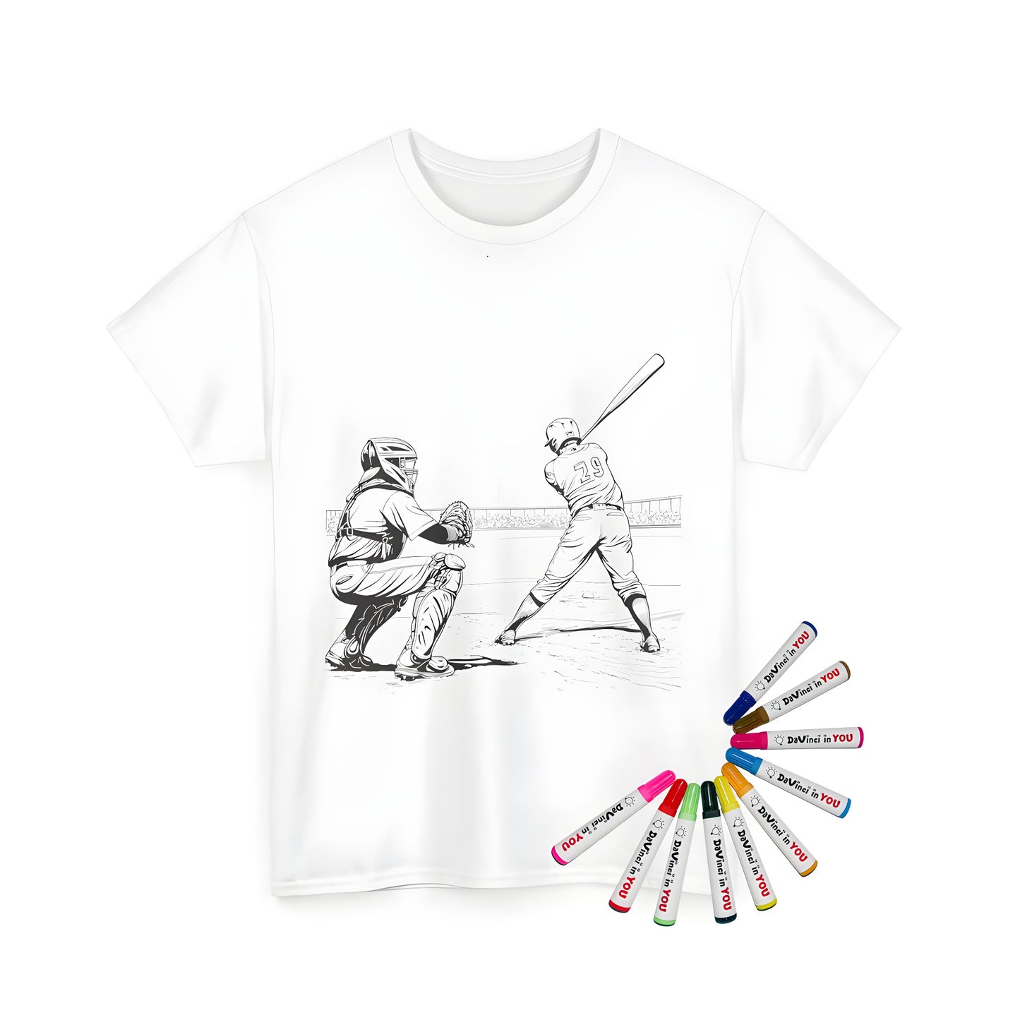 Unisex t-shirt featuring a colorful baseball catcher and batter illustration