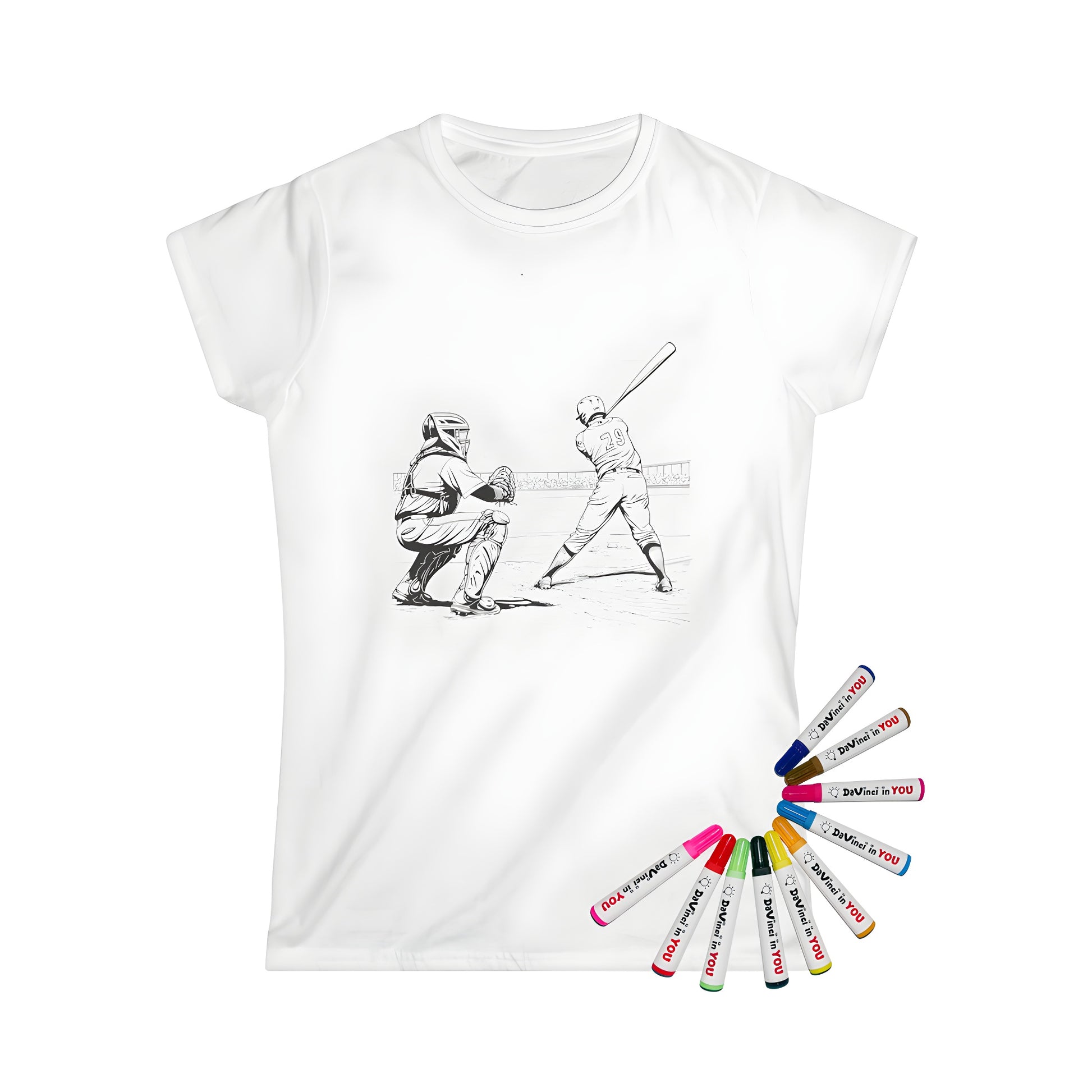 Women's t-shirt with unique coloring page design of baseball catcher and batter