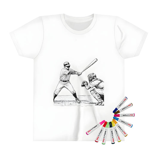 Colorful kid's t-shirt featuring an exciting baseball batter illustration, perfect for little fans of America's favorite pastime.