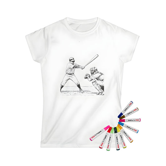 Women's T-shirt coloring kit with vibrant action-packed illustration of baseball batter at plate and catcher behind