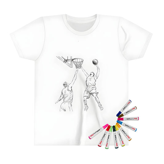 Coloring kit for kids t-shirt with basketball players in action, dunk and defense