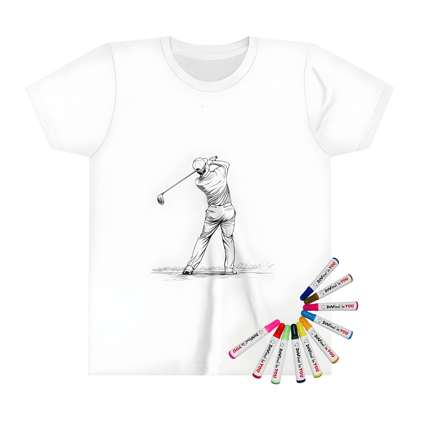 Coloring kit kid's t-shirt featuring a black and white golfer illustration with golf club swing, on grass. Includes 10 fabric markers.