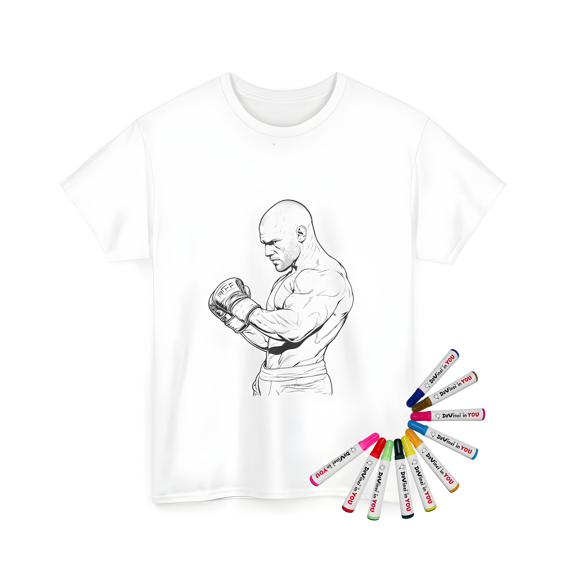 Unisex t-shirt with a fun coloring page design of a muscular boxer in a focused stance, wearing boxing gloves. Perfect for fans of the sport or anyone who loves strength and determination.