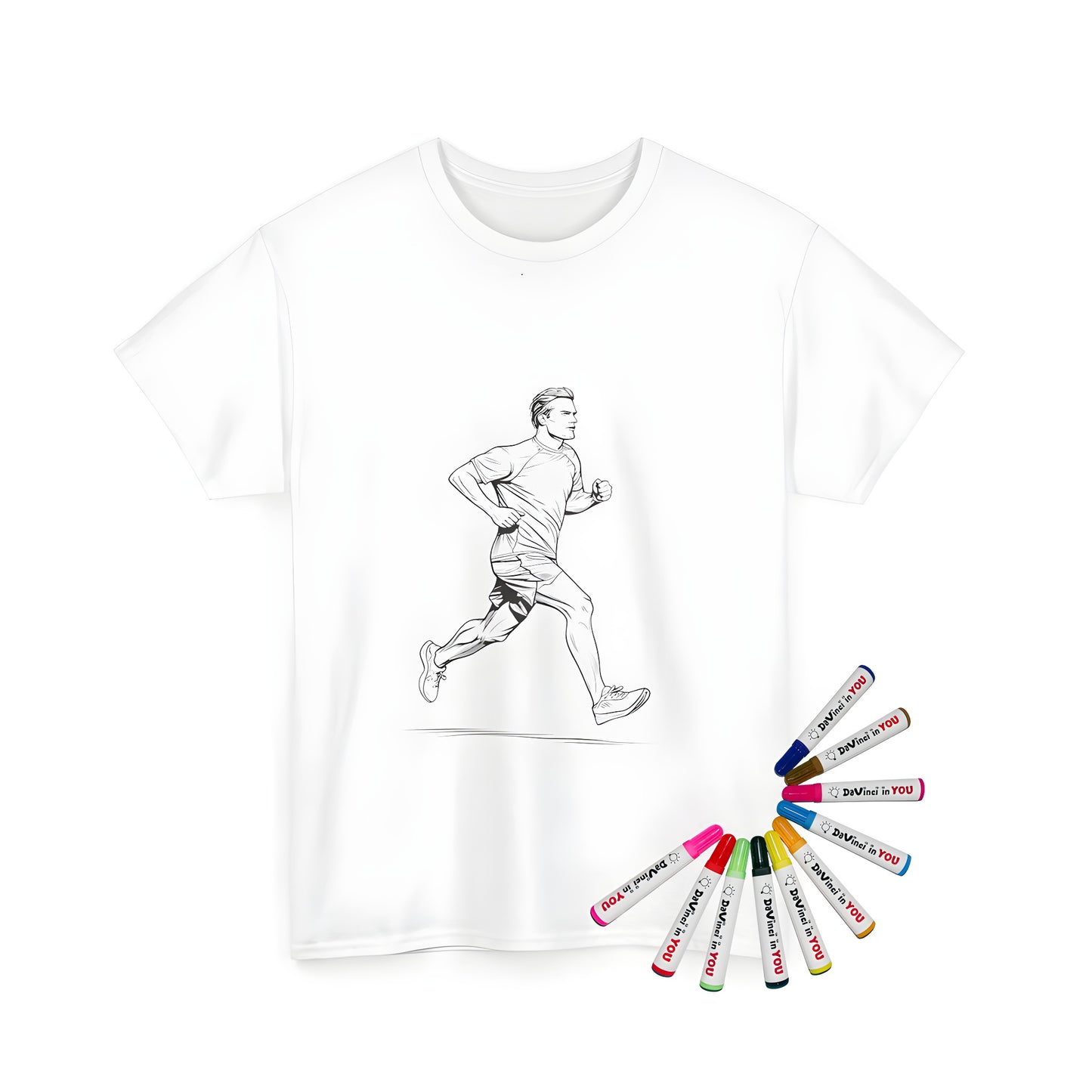 Coloring kit for unisex jogging shirt with sketch of man running in black and white, includes fabric markers