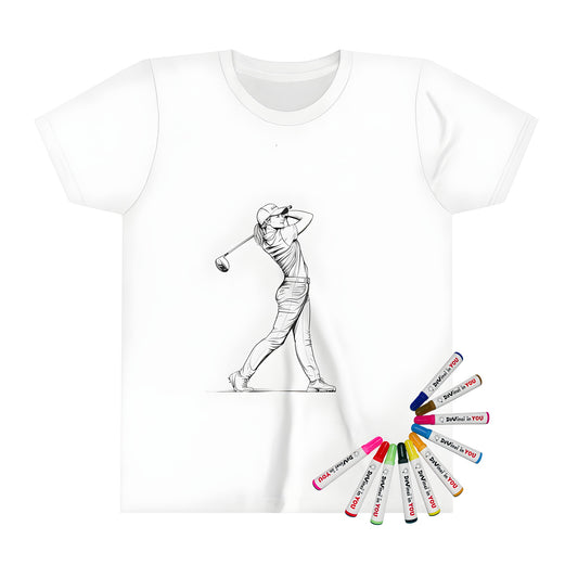 Coloring page illustration on kids t-shirt featuring female golfer in golf swing pose