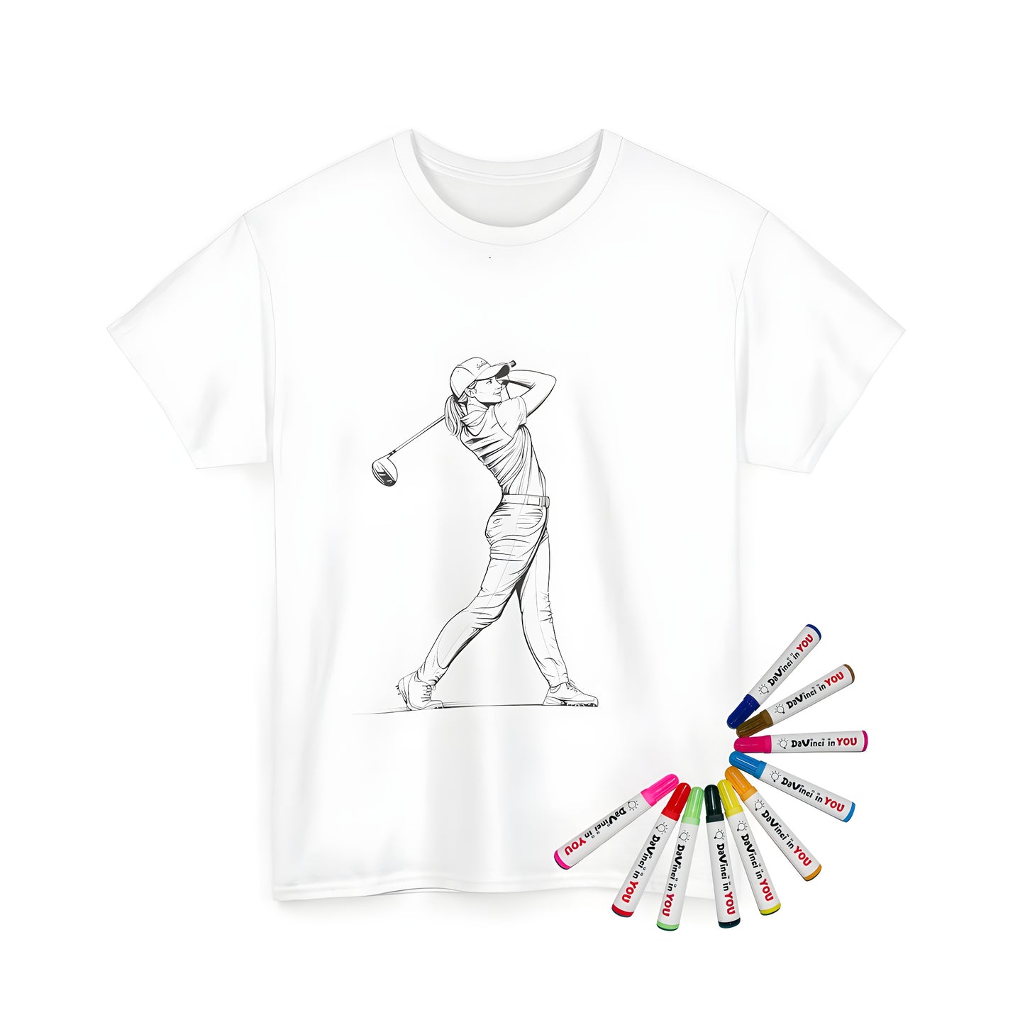 Unisex tee featuring an illustration of a female golfer in action