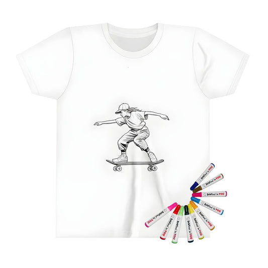 Kids t-shirt with skateboarding girl design featuring bold lines and vibrant colors