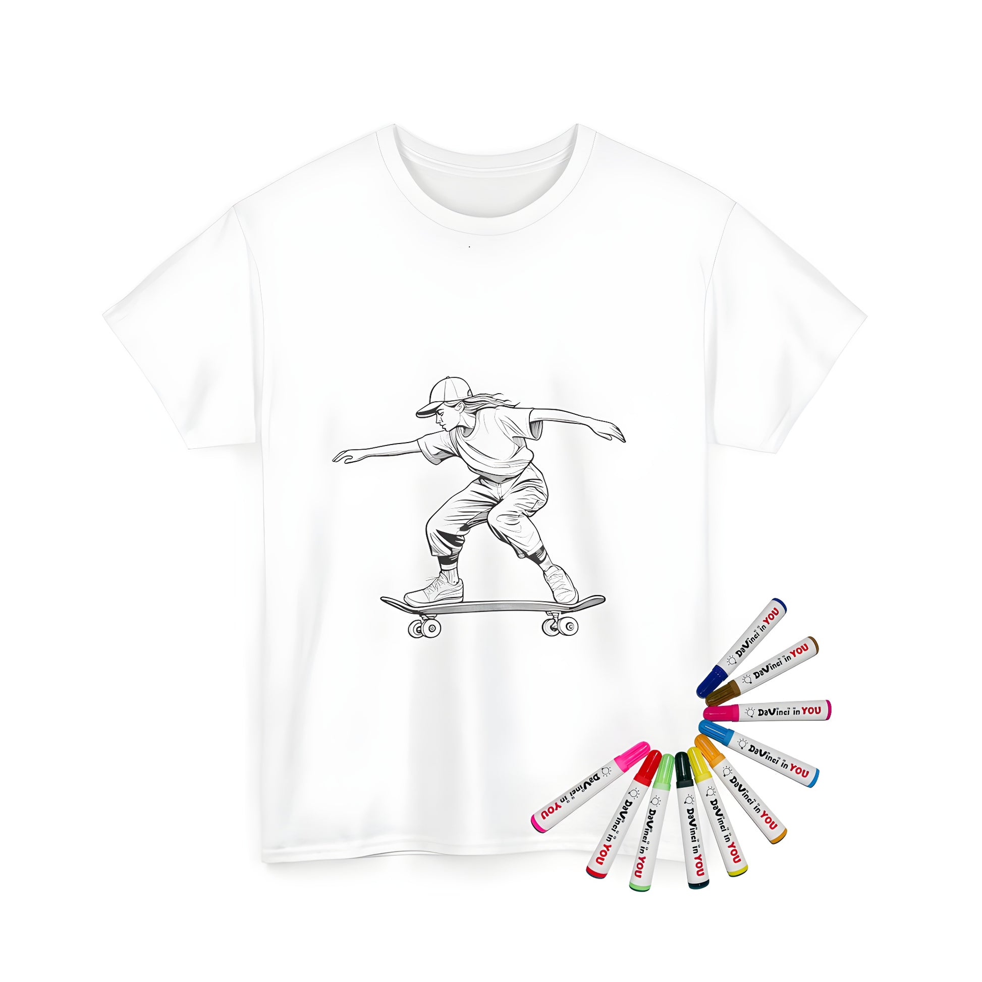 Unisex t-shirt featuring a colorful, fun illustration of a girl skateboarding with vibrant fabric markers