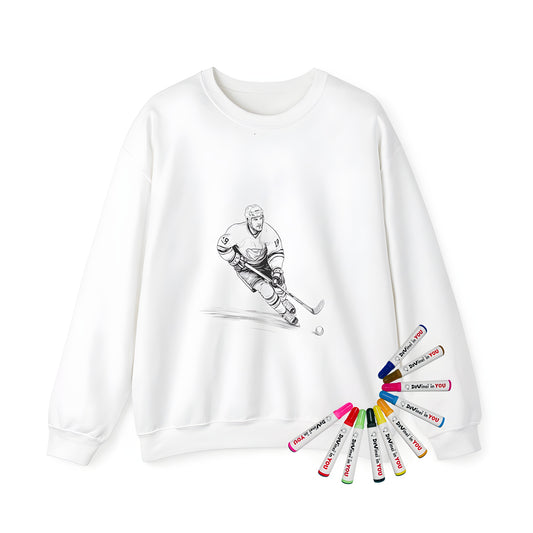 Adult sweatshirt featuring an original hockey player coloring page design with skating stick and puck illustration