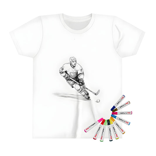 Coloring page design Kid's T-shirt featuring a hockey player skating with stick and puck