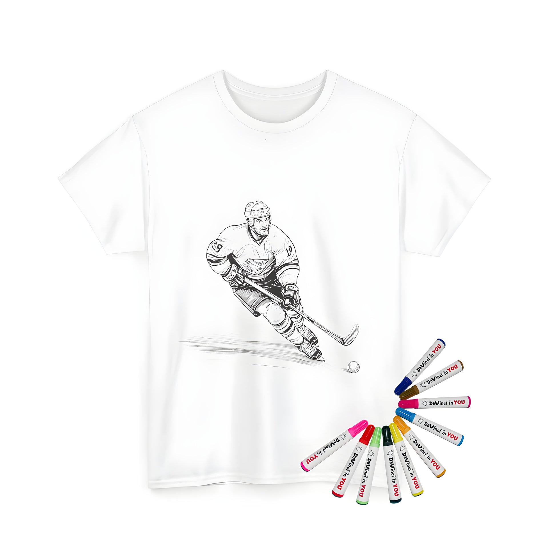 Coloring kit for Unisex T-shirt featuring an illustration of a hockey player in action