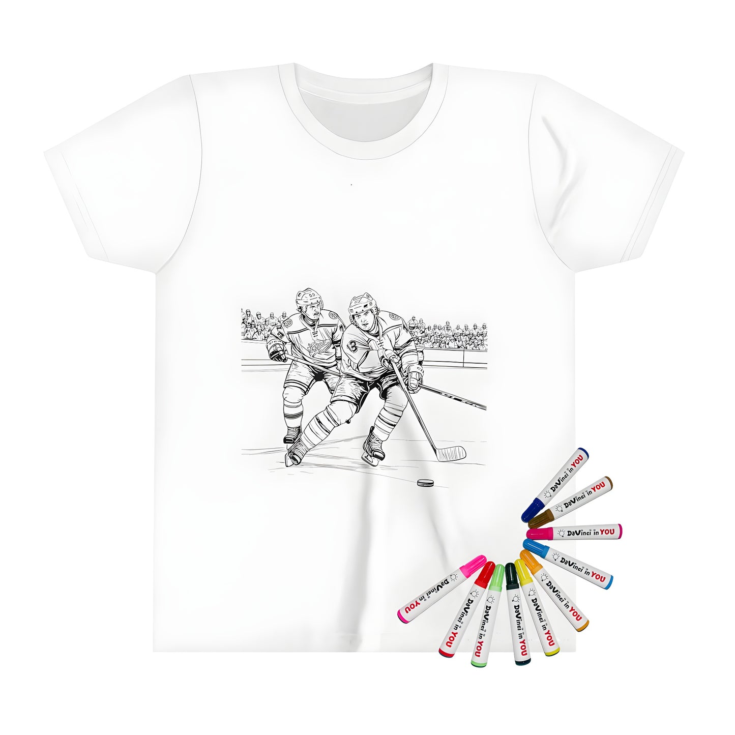 Kid's t-shirt featuring an ice hockey themed coloring page design of two players in action on the rink surrounded by a cheering crowd