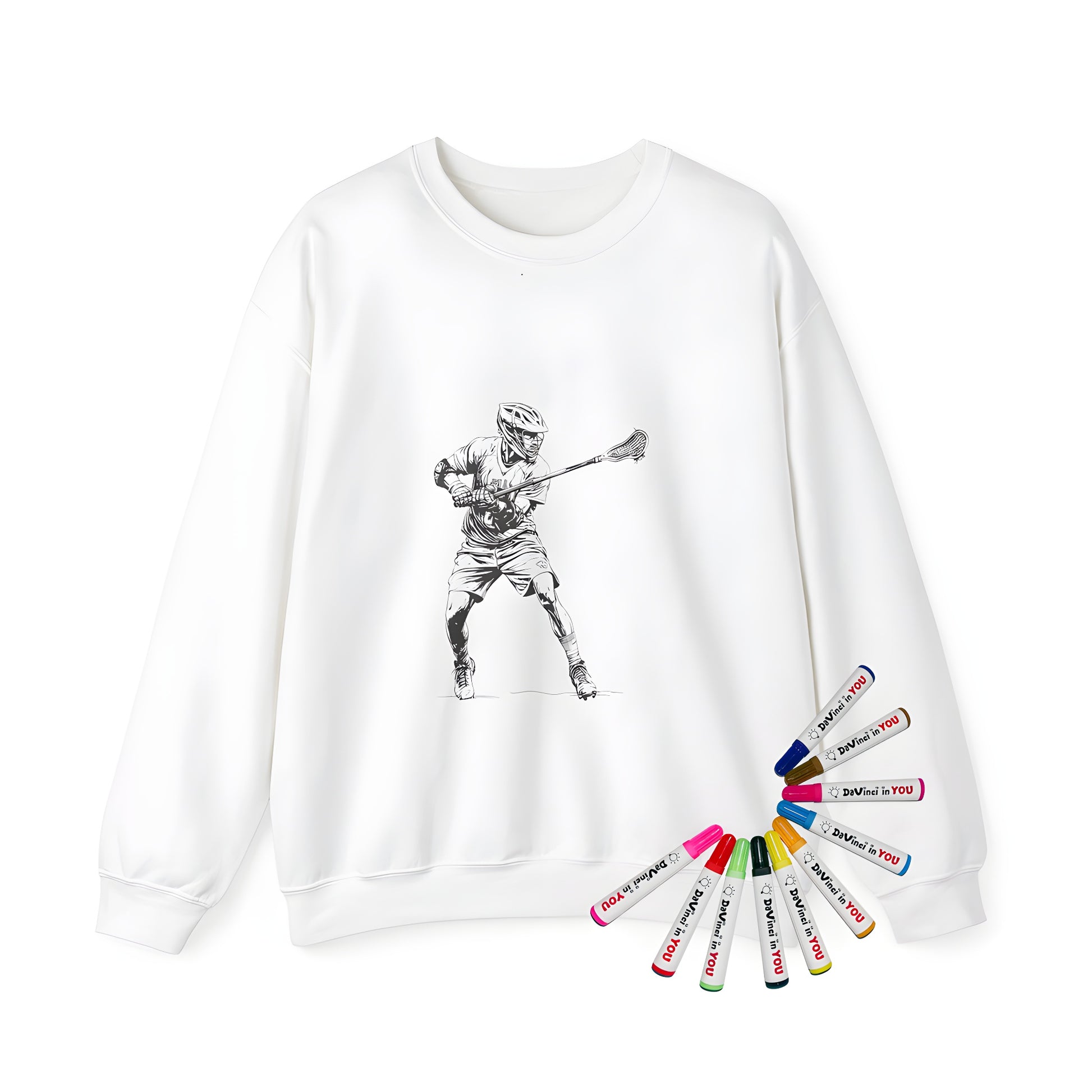 Adult sweatshirt with colorful lacrosse illustration, featuring a player in action