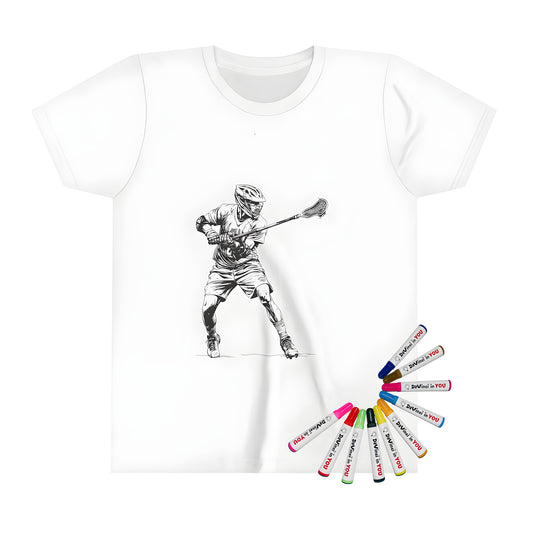 Kids' coloring kit with 10 fabric markers on a colored t-shirt featuring an illustration of a lacrosse player in action