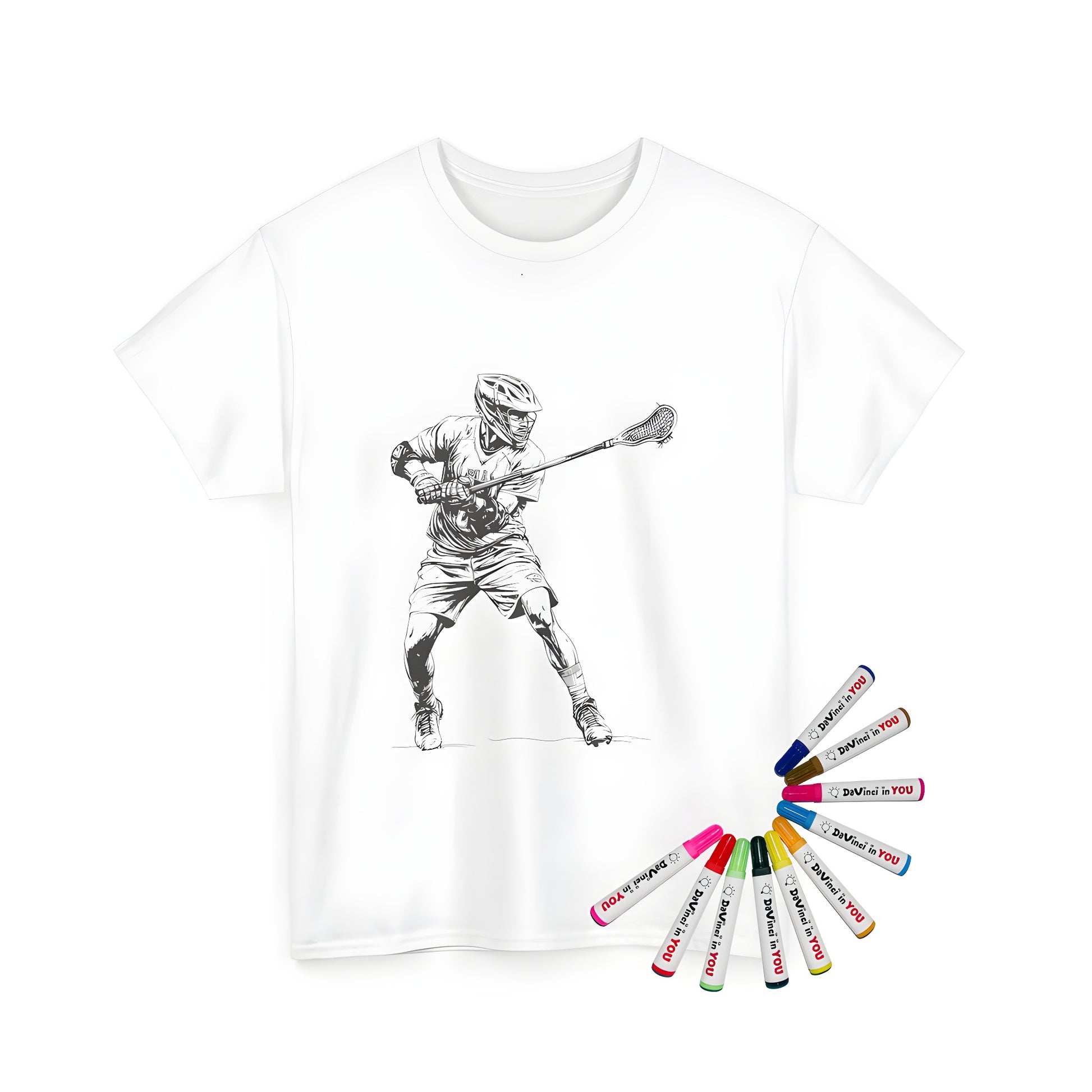 Coloring kit accessories for a youth unisex t-shirt featuring a detailed illustration of a stickman playing lacrosse