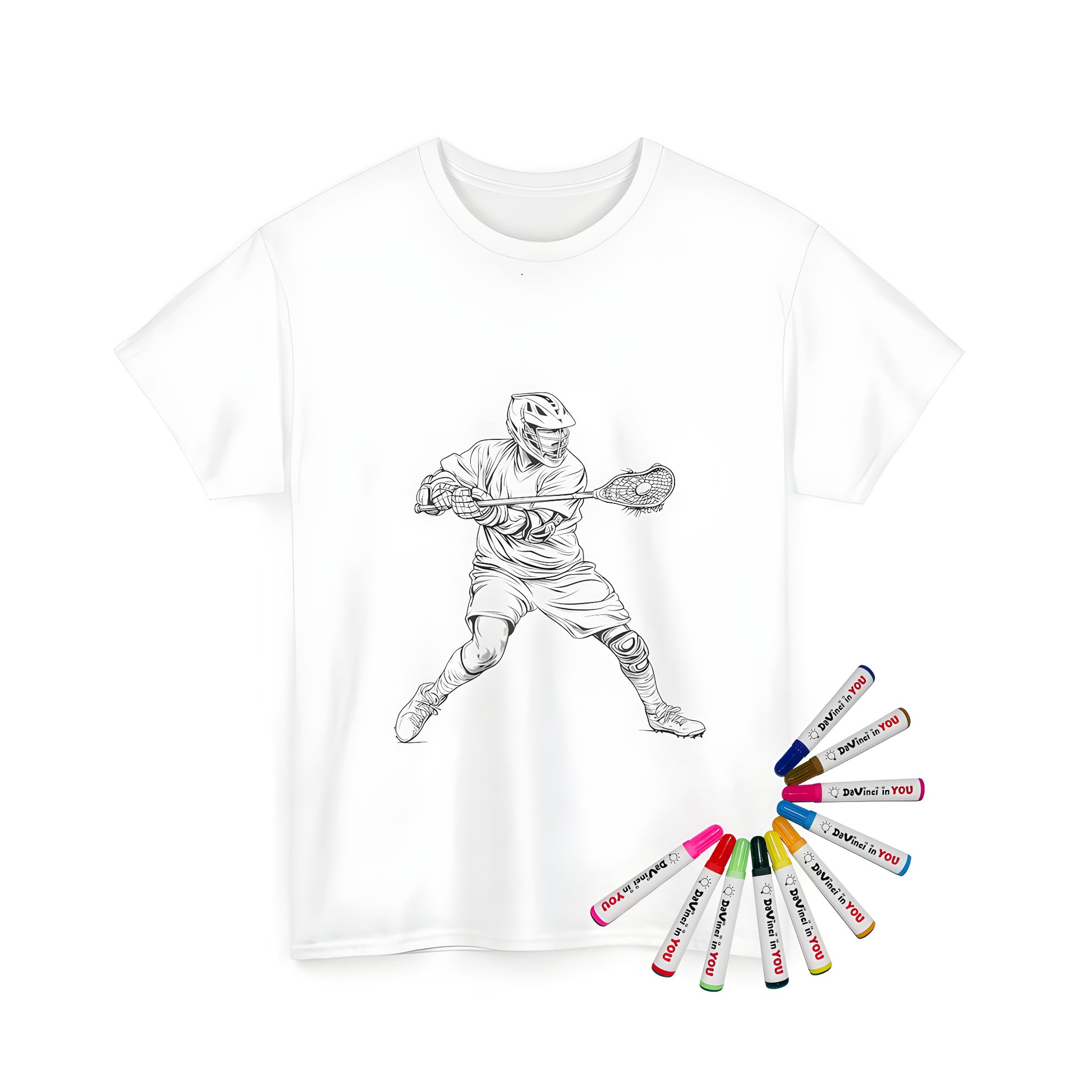 Unisex t-shirt featuring a vibrant coloring page of a black-and-white lacrosse illustration, also known as stickball or field hockey, on a blank background with space for kids to color