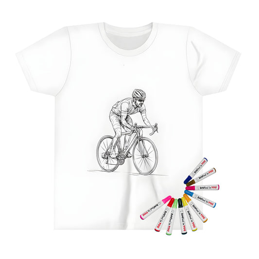 A fun coloring page of a cyclist on a road bike, printed on a kid's t-shirt with vibrant fabric markers