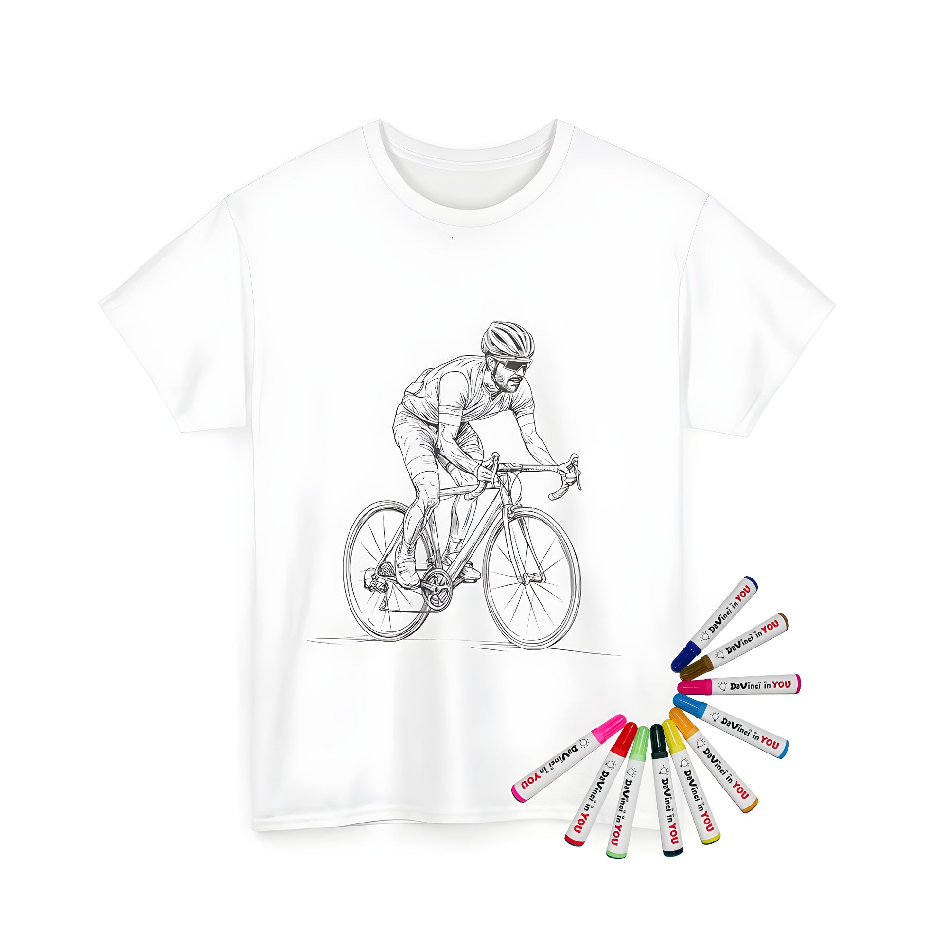 Coloring page of a cyclist in motion on a road bike, wearing a helmet and sunglasses printed on a high-quality Unisex T-shirt