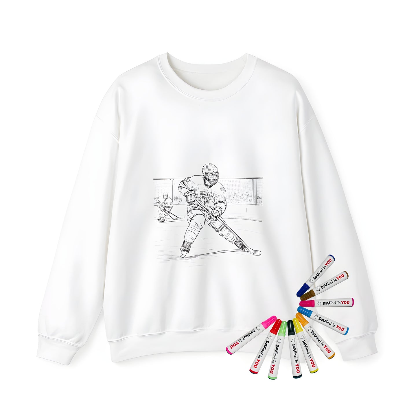 Adult coloring sweatshirt featuring a black and white illustration of two hockey players in action on an ice rink