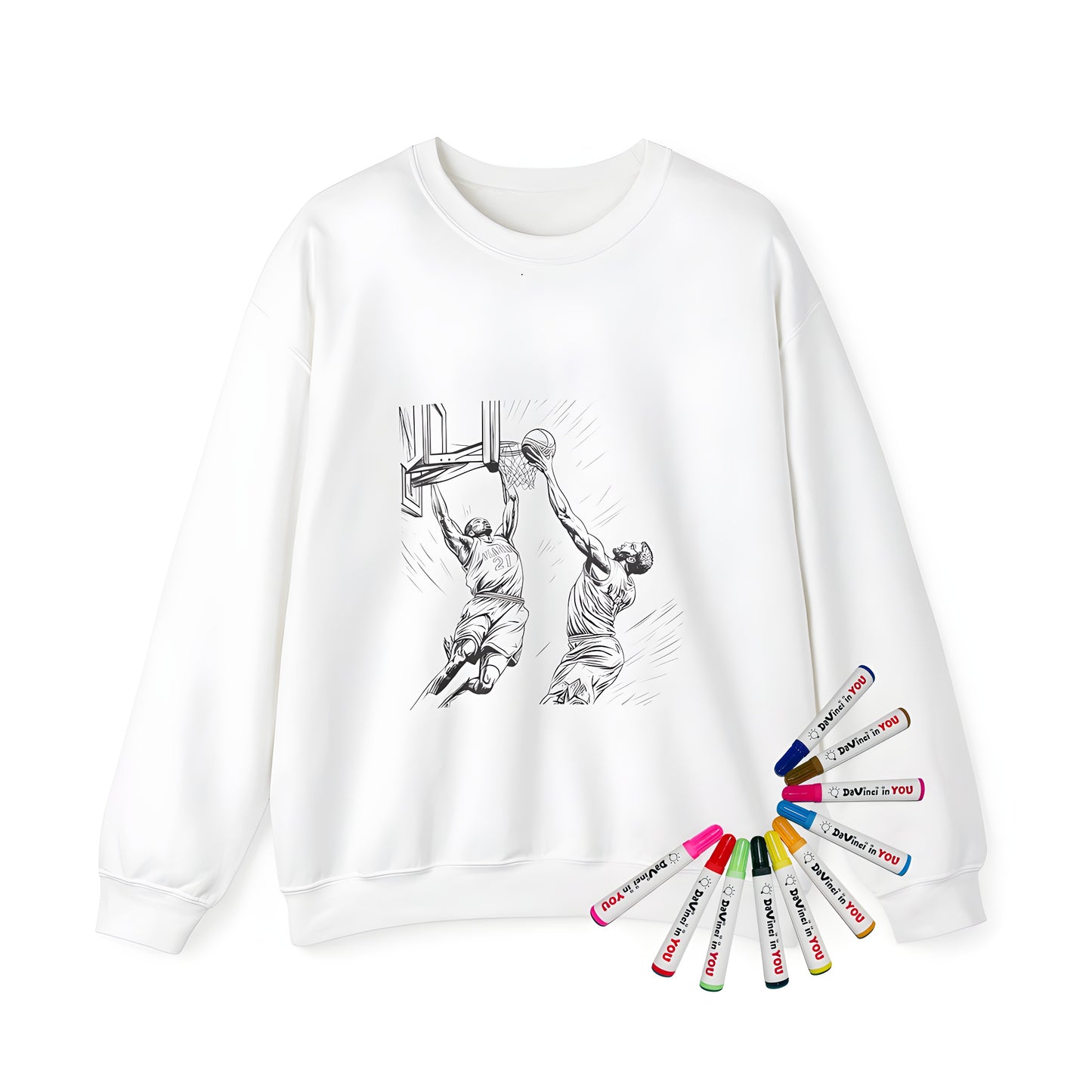 Adult sweatshirt featuring an intense basketball scene design, perfect for sports enthusiasts. Illustration of two players in action, one dunking and the other blocking.