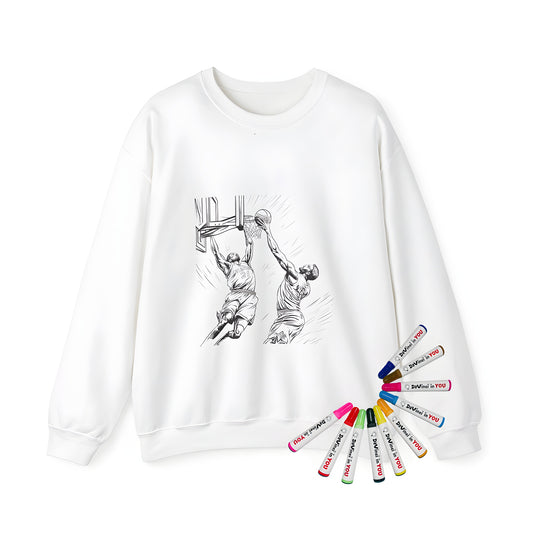 Adult sweatshirt featuring an intense basketball scene design, perfect for sports enthusiasts. Illustration of two players in action, one dunking and the other blocking.