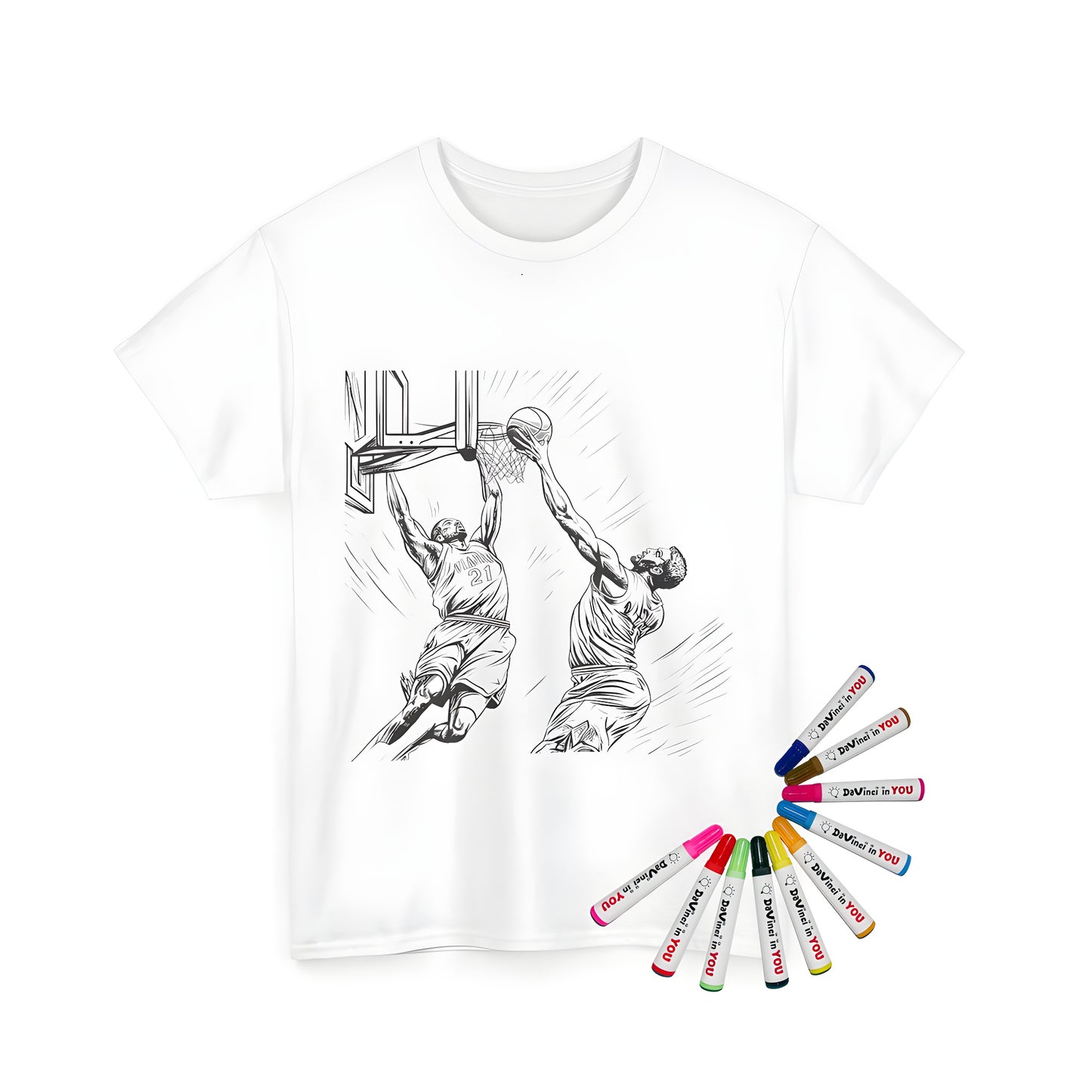 Coloring kit with unisex t-shirt featuring intense basketball action scene