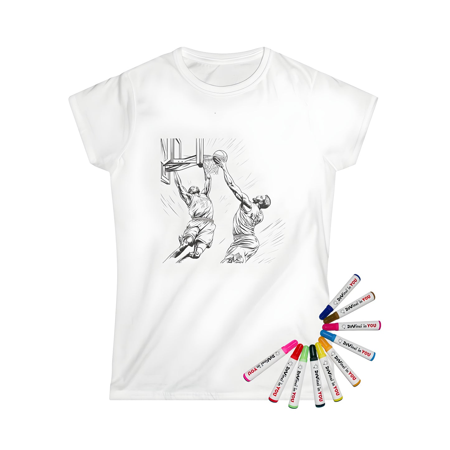 Coloring kit for women with 10 fabric markers, featuring an intense basketball action scene on a Women's T-shirt