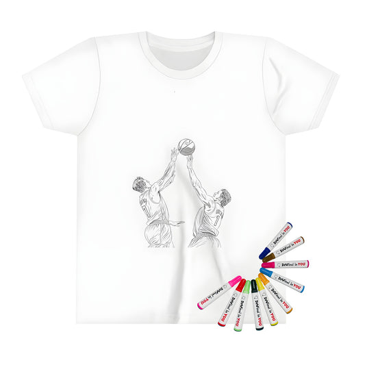 Colorful kid's basketball t-shirt for boys featuring energetic players playing basketball