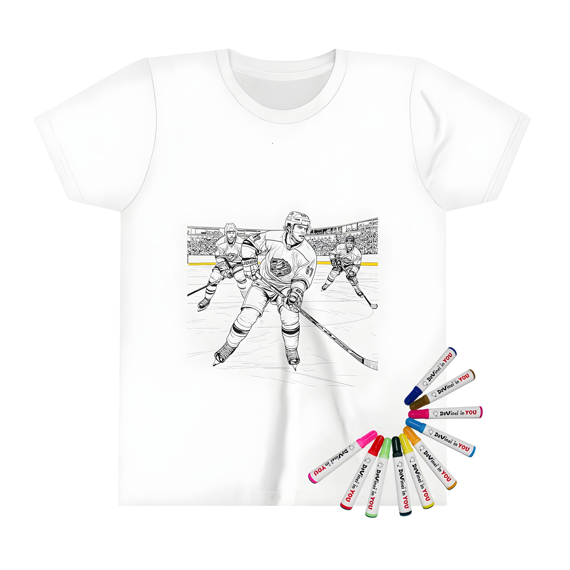 Kid's t-shirt featuring an action-packed coloring page design of three ice hockey players on the ice with a lively crowd in the background, great for kids who love sports and creative expression