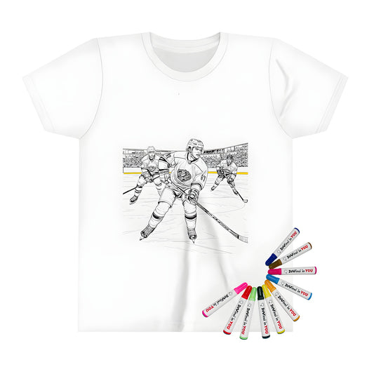 Kid's t-shirt featuring an action-packed coloring page design of three ice hockey players on the ice with a lively crowd in the background, great for kids who love sports and creative expression