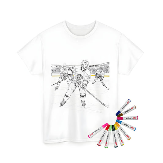 Unisex t-shirt with hockey players coloring page design