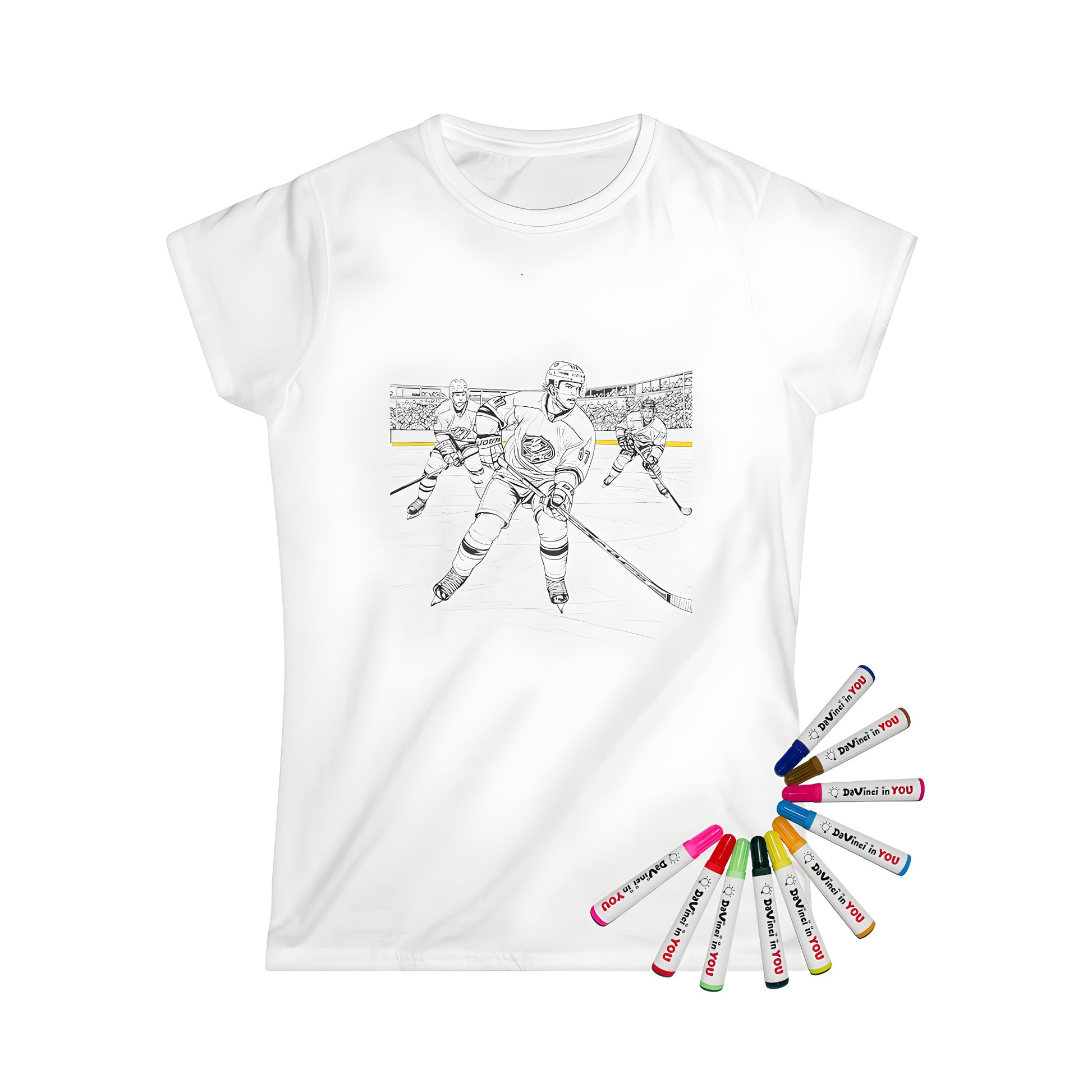 Women's T-shirt with hockey players coloring page design and fabric markers - fun ice rink art