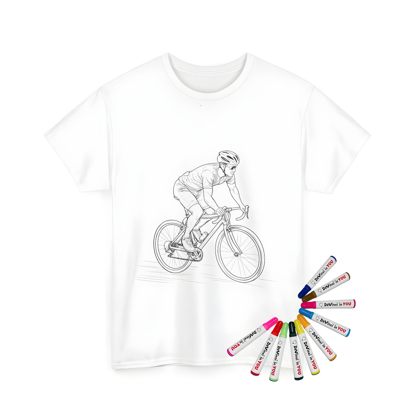 Close-up shot of a unisex t-shirt featuring an outline drawing of a cyclist riding a road bike, emphasizing detailed features like helmet and posture. Perfect for fans of cycling, biking, or outdoor enthusiasts.