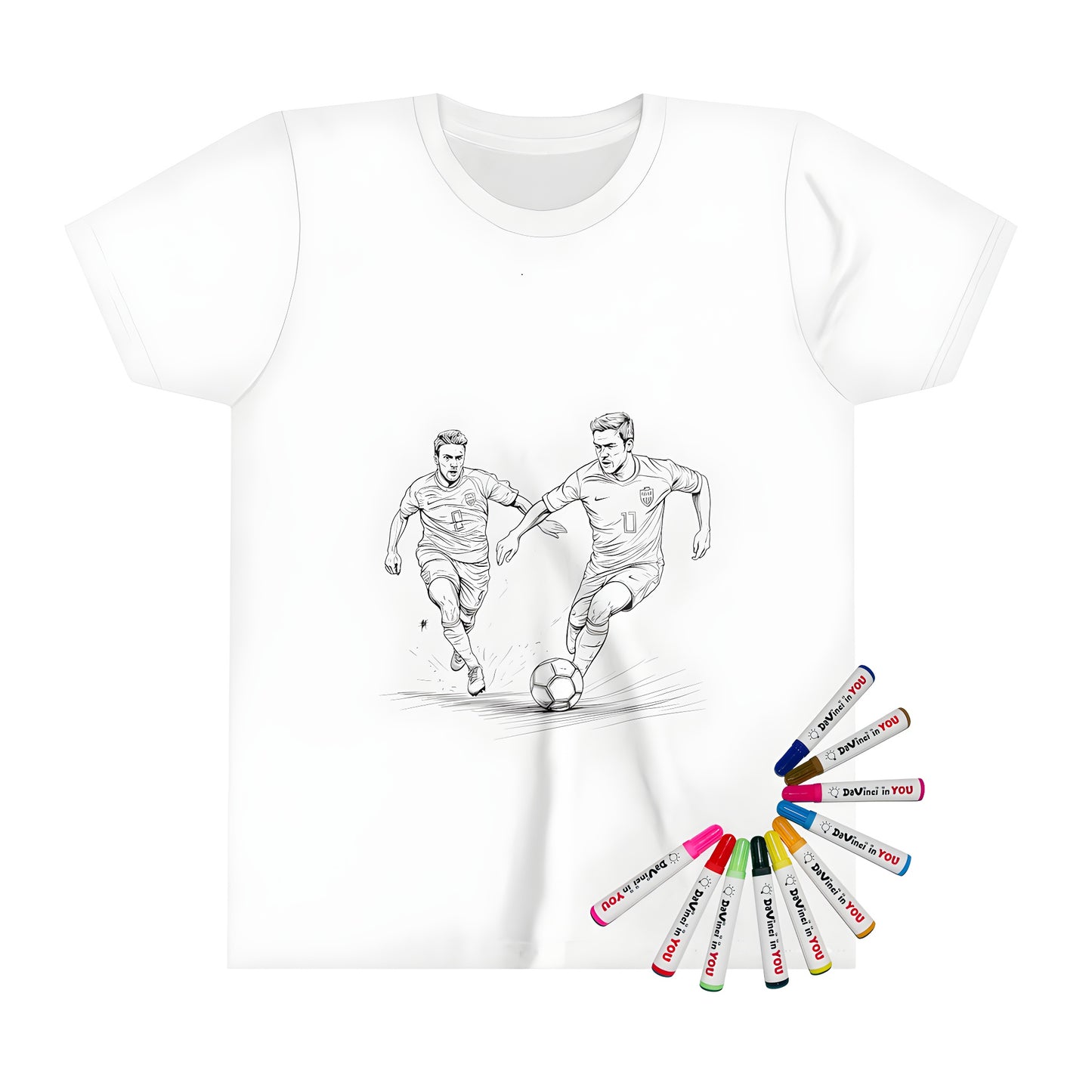 Kid's soccer t-shirt with a fun coloring page design of two kids playing soccer