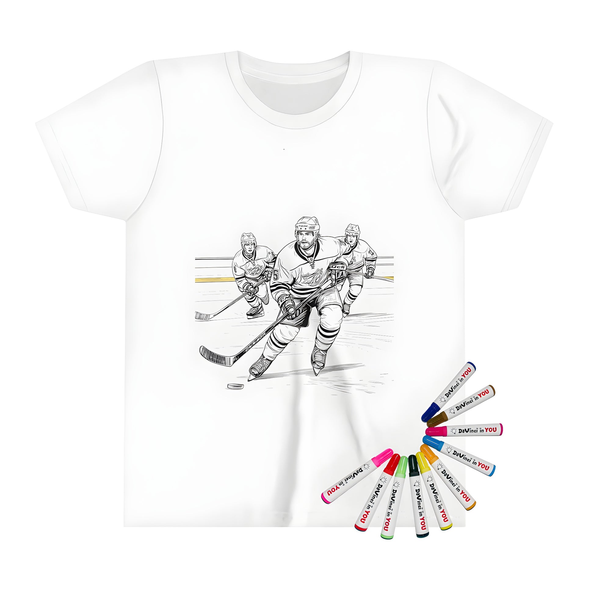 Kid's t-shirt with a fun and colorful ice skating hockey design, featuring three energetic players in action