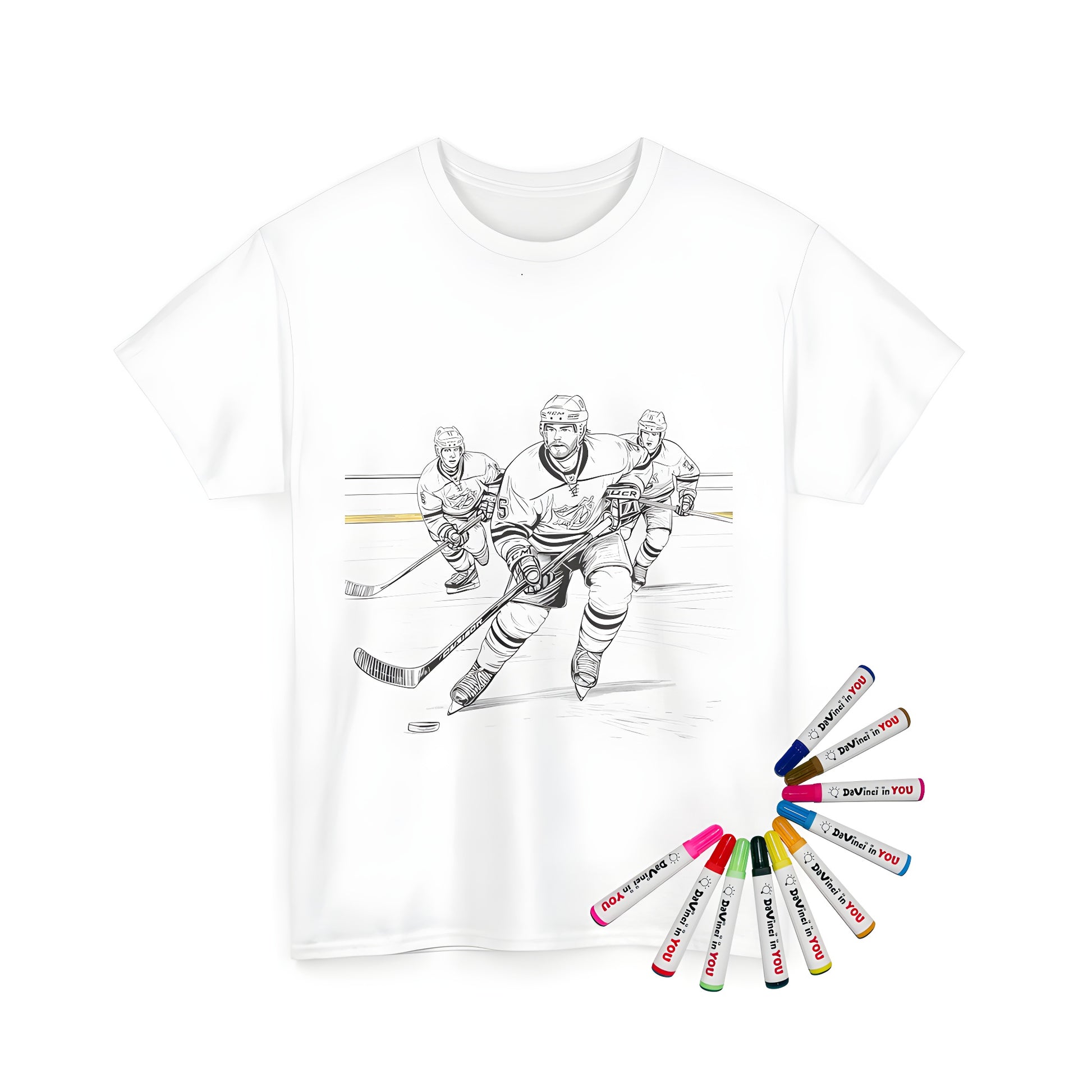 Relaxed unisex t-shirt featuring an ice rink illustration of hockey players, perfect for any sports enthusiast or fan of the game