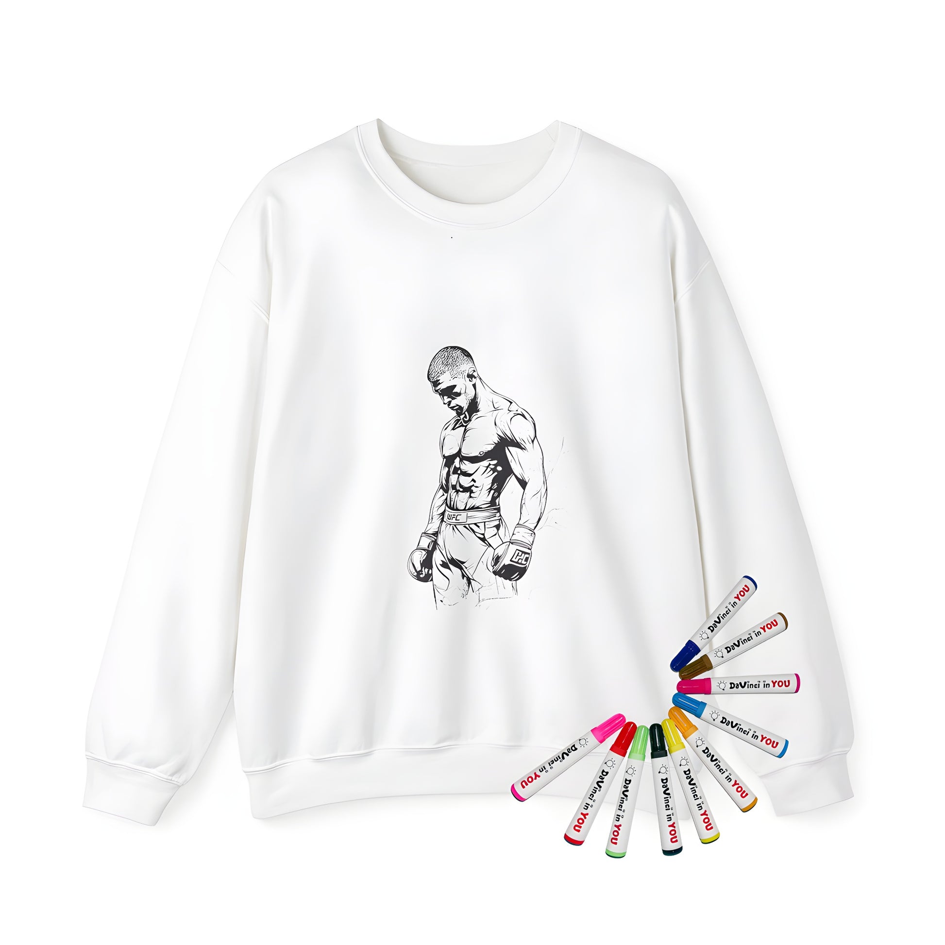 Adult sweatshirt featuring a monochrome illustration of a muscled boxer with gloves, symbolizing strength and determination. Include 10 fabric markers for creative expression.