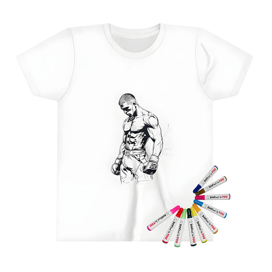 Kid's T-shirt coloring kit with 10 fabric markers, features a monochrome illustration of a boxer with gloves, conveying strength and determination