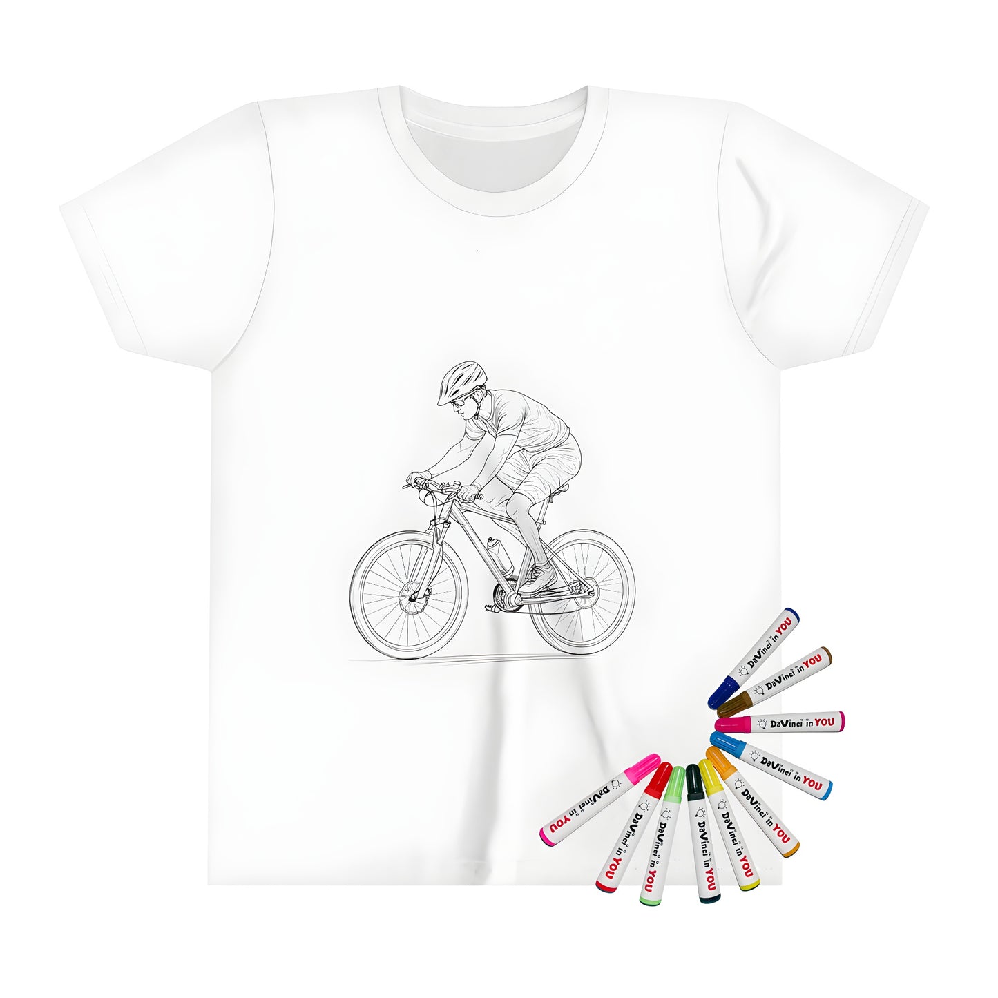 Colorful Kid's T-shirt with mountain biking theme, featuring a detailed line drawing of a child riding a bike with a helmet