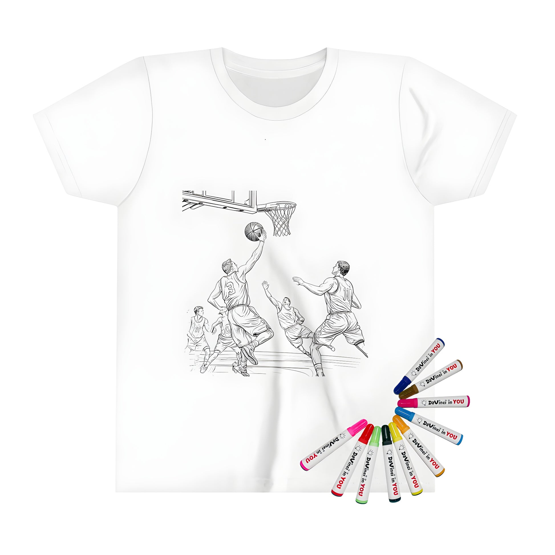 Kids basketball coloring kit shirt, basketball players on t-shirt, colorful sporty tee