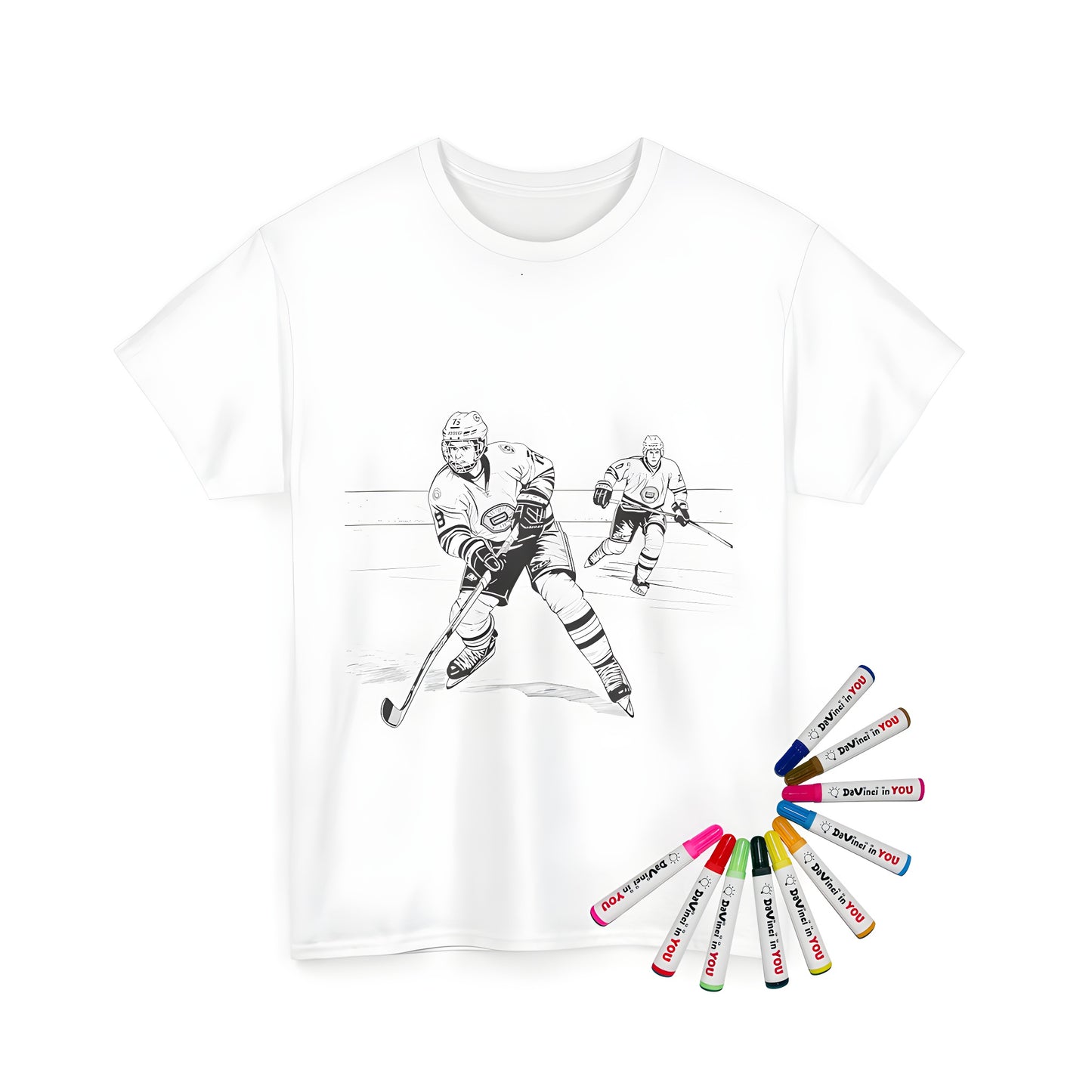 Coloring kit for Unisex t-shirts featuring two ice hockey players in action on a rink, also known as hockey, puck game, stick-handling, goalie, sports, team play