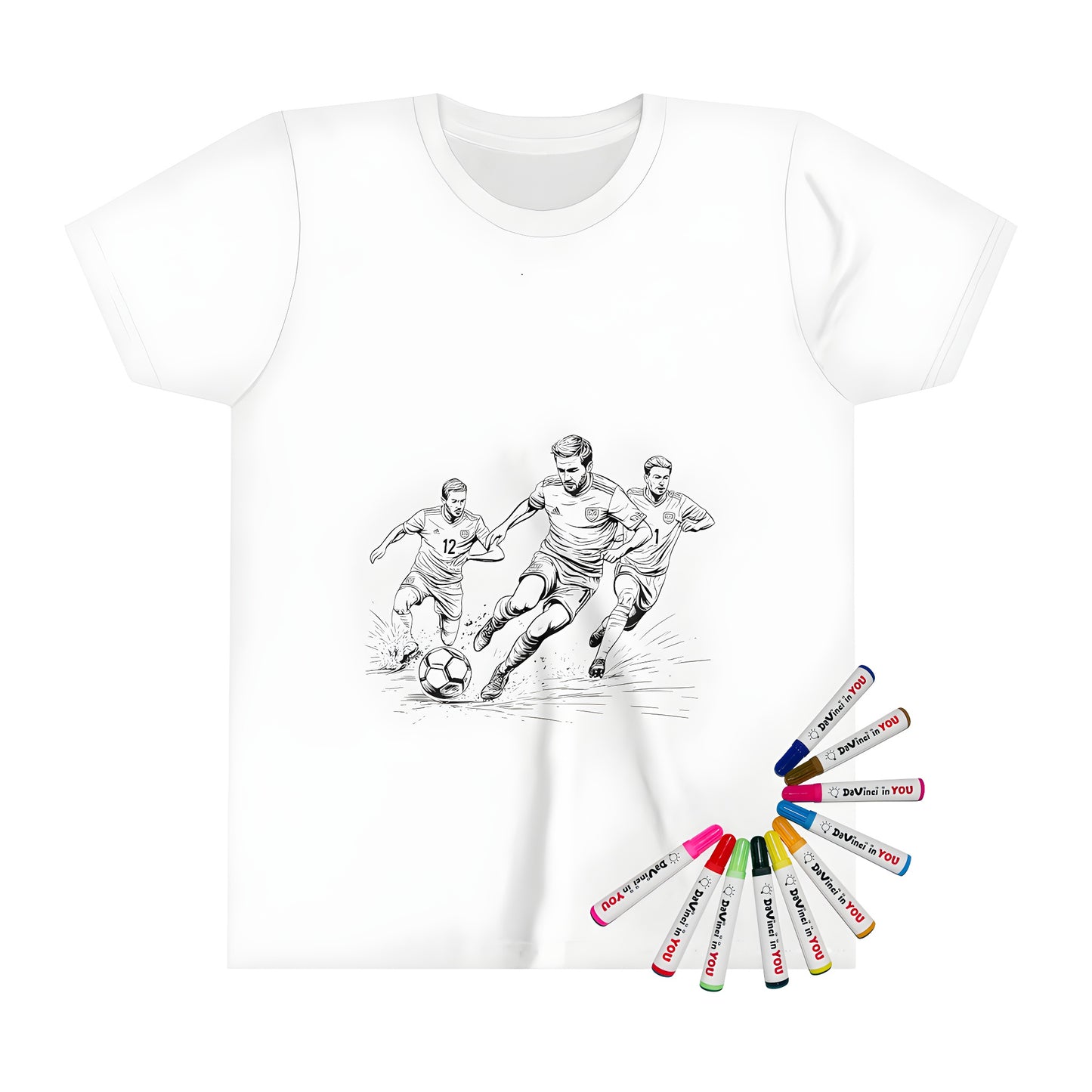 Football-themed t-shirt designed for kids, featuring a coloring page illustration of three boys competing for a ball, perfect for football enthusiasts and young sports fans.