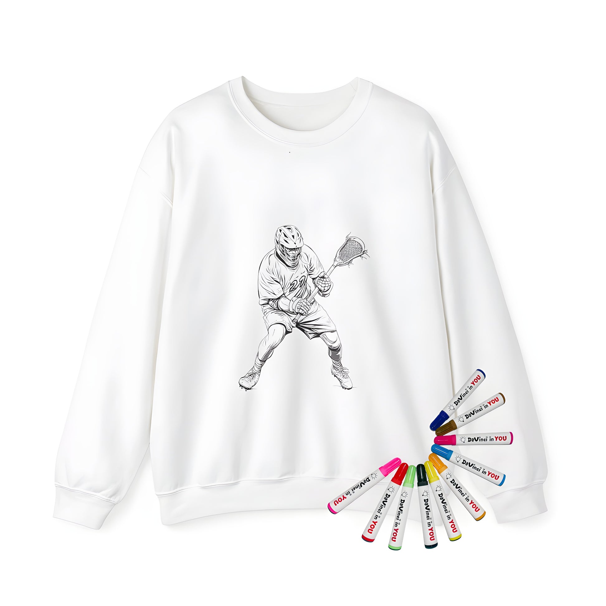 Adult sweatshirt featuring an action pose of a lacrosse player holding a stick and wearing a helmet and uniform with the number 27