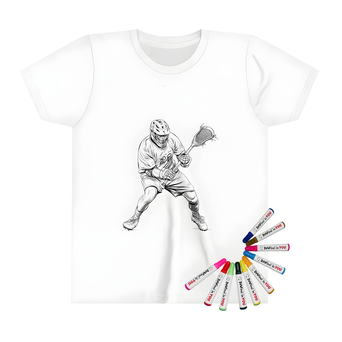 Kid's t-shirt featuring an action pose of a lacrosse stick holder wearing a helmet and uniform with the number 27