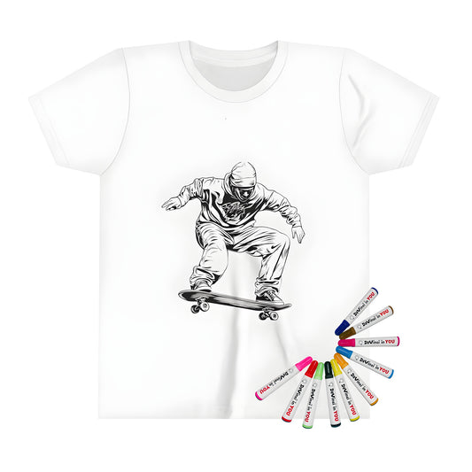 A kid's t-shirt featuring an action-packed skateboarding design