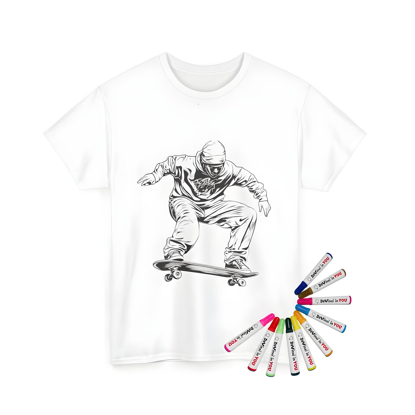 Coloring book illustration of a skateboarder performing tricks on a board, printed on high-quality Unisex T-shirt