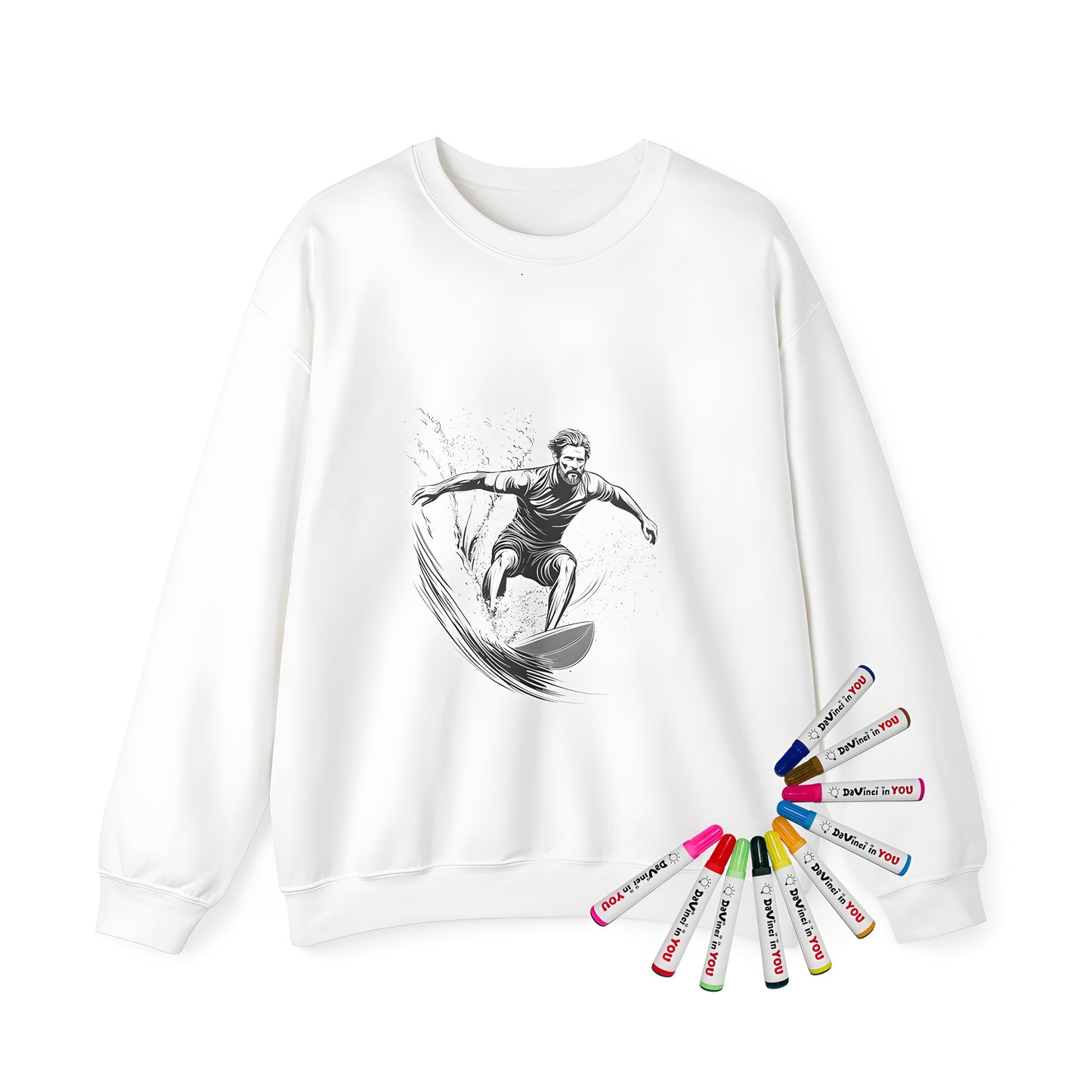 Adult sweatshirt with vibrant coloring page design of Black and white line drawing of a man riding a wave, capturing dynamic movement. Perfect for fans of surfing, boardriding, or beach lifestyle.