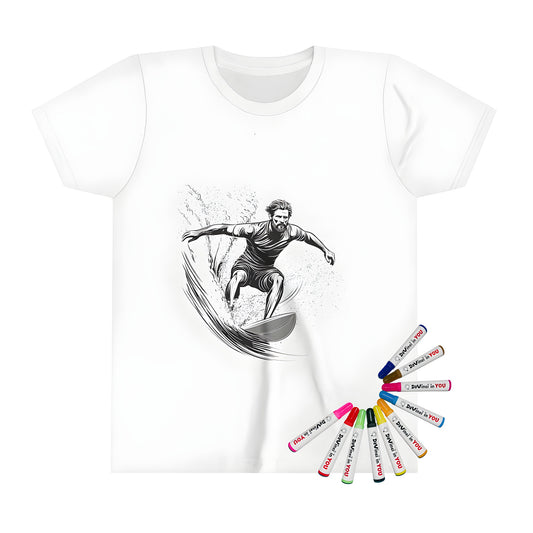 Colorful kid's t-shirt featuring an exciting black and white line drawing of a surfer riding a wave, perfect for little ones who love the beach and action-packed scenes.